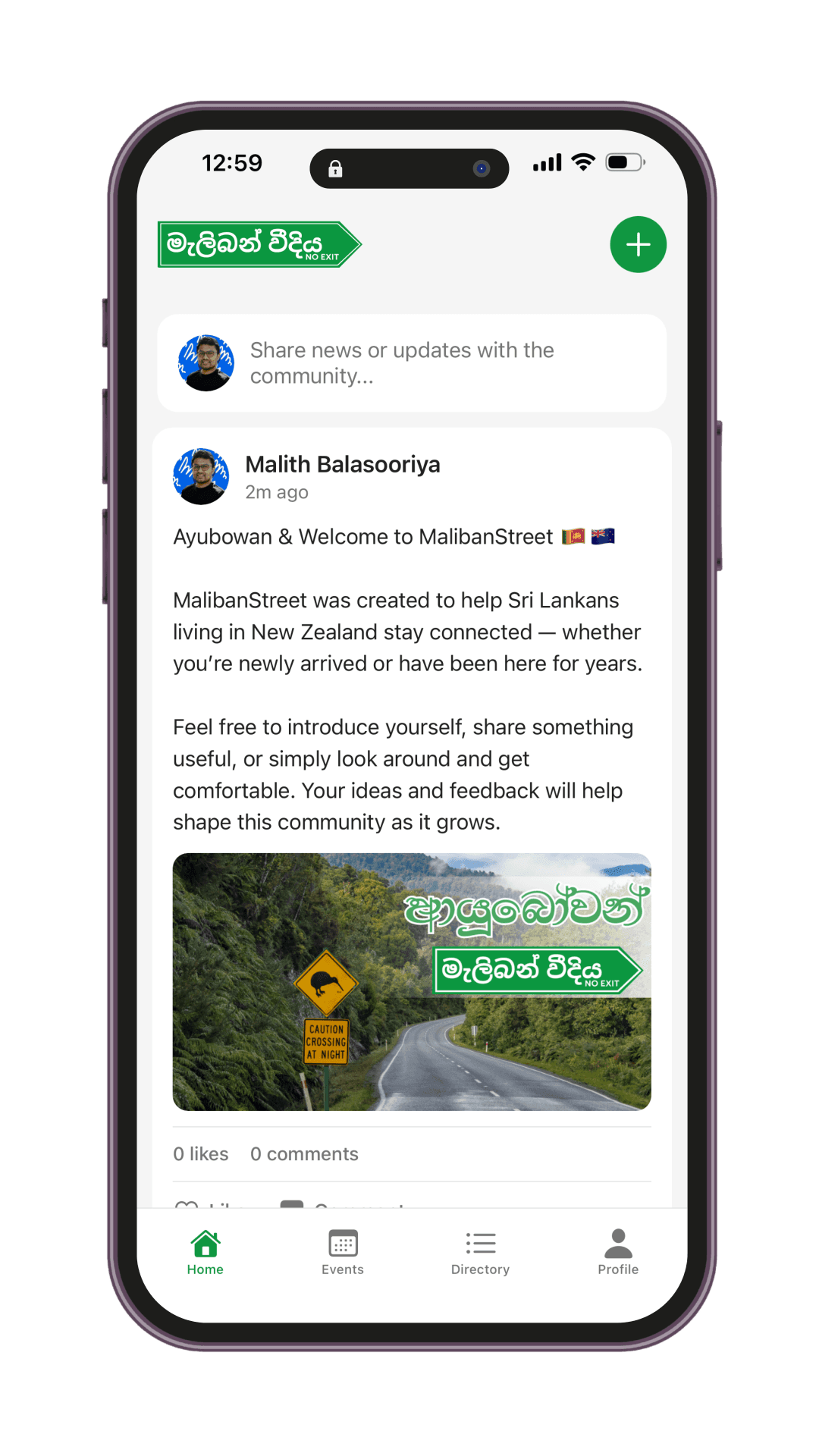 MalibanStreet app on a phone — community feed and local updates